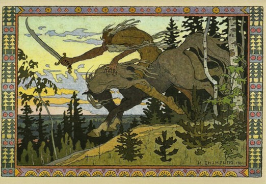 Illustrazione di Ivan Bilibin, 1901. Un'interpretazione iconica di Koschei a cavallo, simbolo del male eterno.